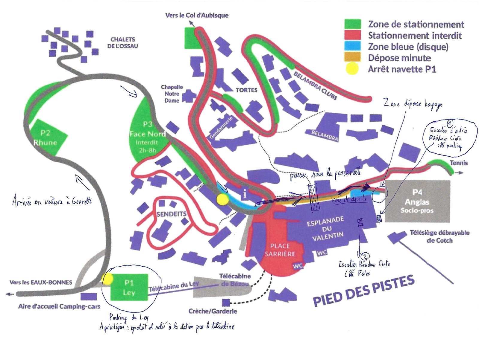 Plan d’accès de la station : parking du Ley, télécabine et résidence Cinto